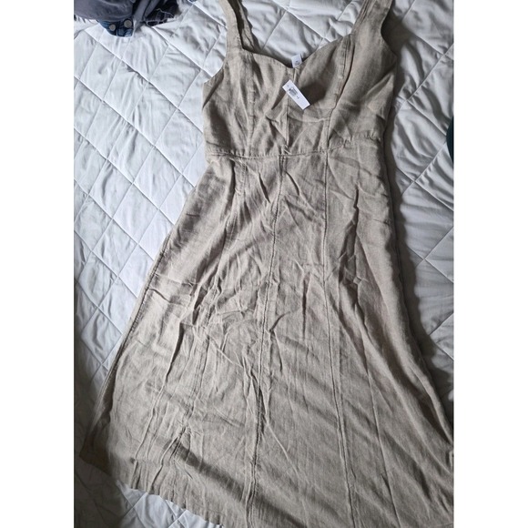 Old Navy Dresses & Skirts - Old Navy Women's Linen Blend Midi Dress Beige Oatmeal A-Line V-Neck M Tall NWT